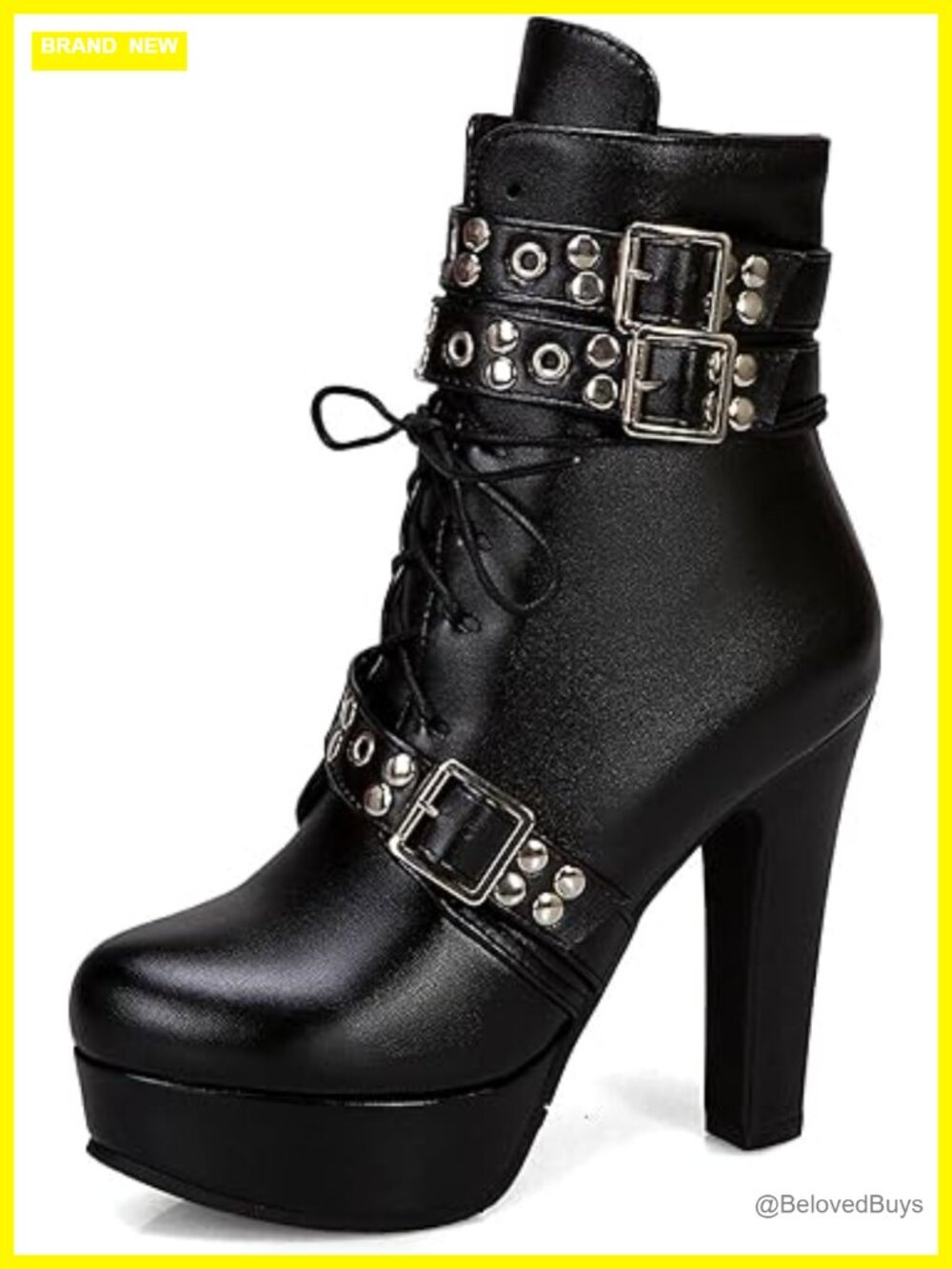 Studded Buckled Combat Boots Chunky Platform Ankle Booties Lace Up Knight Biker